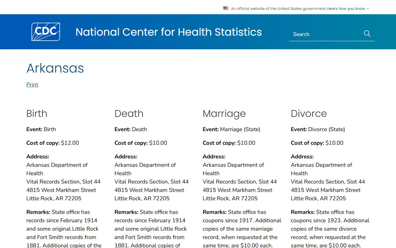 CDC official reference page for Arkansas vital records and marriage records
